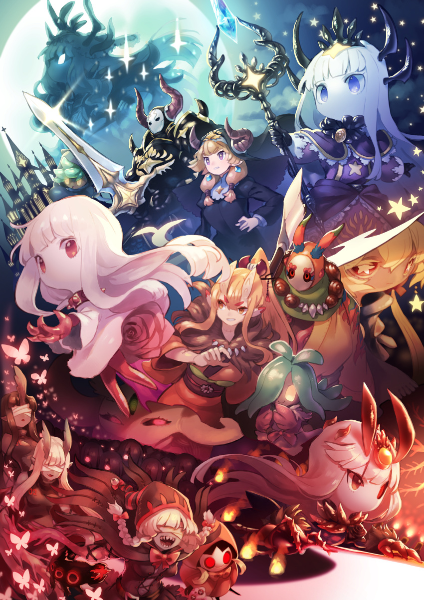 2boys, 6+girls, absurdres, armor, bandages, bandages_over_eyes, black_dress, blonde_hair