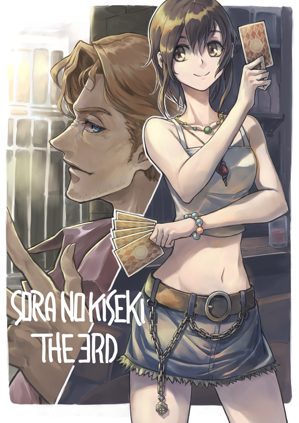 1boy, 1girl, bead_bracelet, bead_necklace, beads, belt, blonde_hair, blue_eyes, blue_skirt, bracelet, breasts, brown_eyes, brown_hair, card, chain, closed_mouth, copyright_name, cowboy_shot, crop_top, denim, denim_skirt, eiyuu_densetsu, facial_hair, halle_(eiyuu_densetsu), holding, holding_card, irise_ryouji, jack_(eiyuu_densetsu), jewelry, looking_to_the_side, medium_hair, midriff, miniskirt, navel, necklace, pendant, playing_card, short_hair, skirt, sleeveless, small_breasts, smile, sora_no_kiseki, stubble, tank_top, white_tank_top