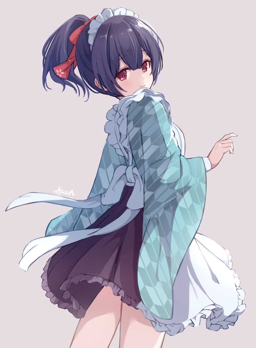 1girl, alisia0812, apron, aqua_clothes, aqua_dress, black_skirt, blush, bow, dress, hair_bow, hair_ribbon, highres, idolmaster, idolmaster_shiny_colors, legs, looking_at_viewer, looking_to_the_side, maid, maid_apron, maid_headdress, morino_rinze, ponytail, purple_hair, red_eyes, ribbon, sidelocks, simple_background, skirt, solo, standing, thighs, wa_maid, waitress