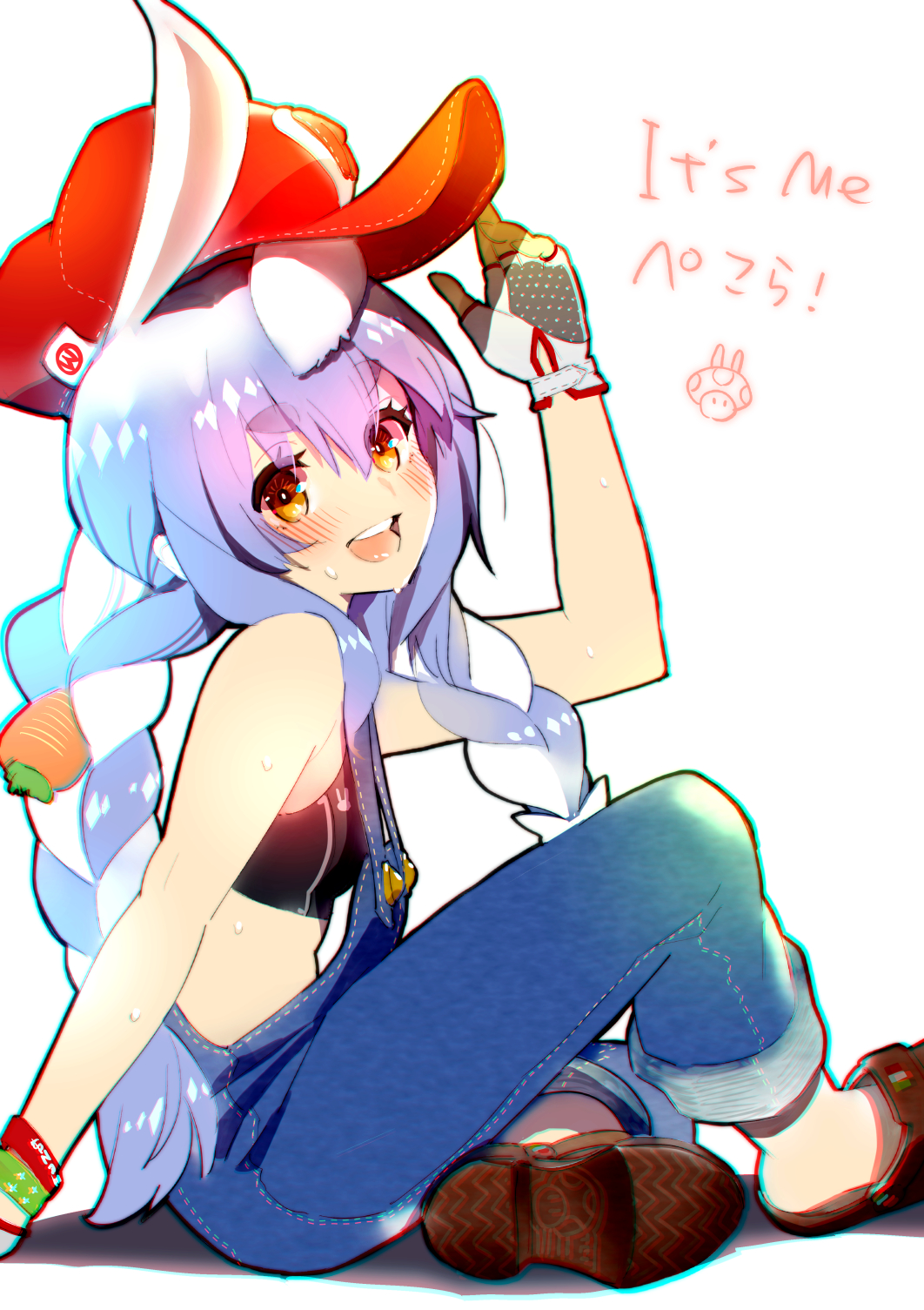 1girl, animal_ears, black_gloves, blue_hair, blush, brown_eyes, brown_footwear, carrot_hair_ornament