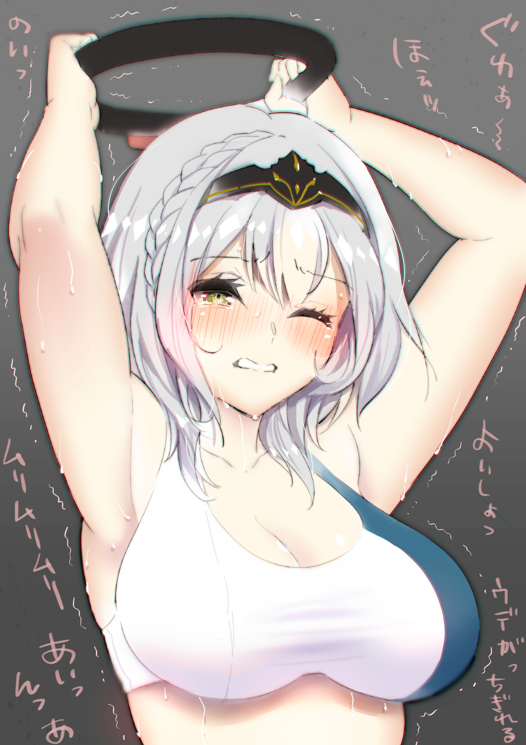 1girl, armpits, blush, braid, breasts, clenched_teeth, commentary, eyebrows