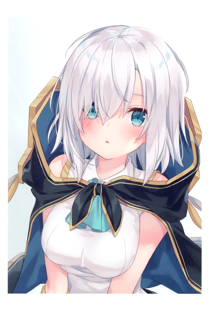 1girl, absurdres, ars_almal, bare_shoulders, blue_eyes, blue_neckwear, breasts, cloak
