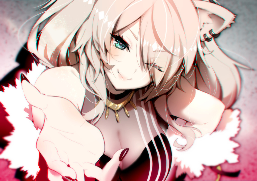 1girl, animal_ears, aqua_eyes, bare_shoulders, black_nails, blonde_hair, blush, breasts