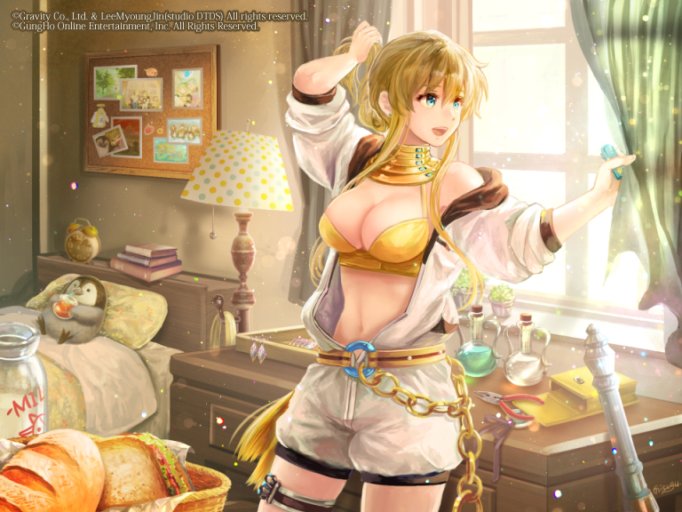 1girl, alarm_clock, apple_juice, bangs, bare_shoulders, basket, bed, bird, blanket, blonde_hair, blue_eyes, book, bottle, bra, bread, bulletin_board, chain, clock, copyright_name, cowboy_shot, curtain_grab, curtains, day, drawer, drinking, ear_piercing, english_text, food, green_curtains, hair_between_eyes, holding, holding_hair, jewelry, jumpsuit, lamp, long_hair, looking_out_window, mechanic_(ragnarok_online), milk_bottle, misuguu, open_clothes, open_jumpsuit, open_mouth, open_shirt, penguin, photo_(object), piercing, pillow, plant, pliers, potted_plant, ragnarok_online, sandwich, signature, solo, standing, sunlight, thigh_strap, underwear, upper_teeth, watermark, white_jumpsuit, window, yellow_bra