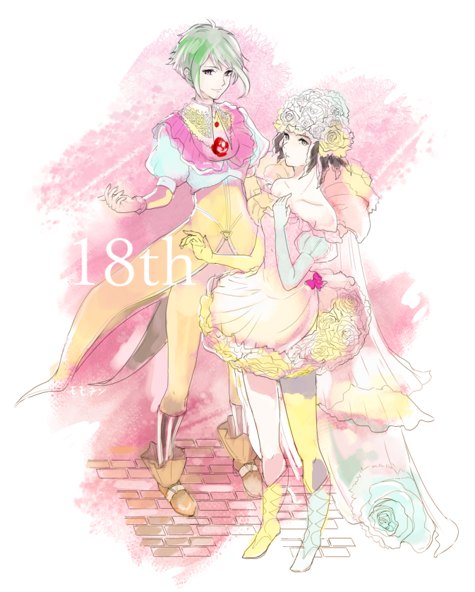 2girls, asellus_(saga_frontier), breasts, brown_hair, closed_mouth, dress, flower, gloves