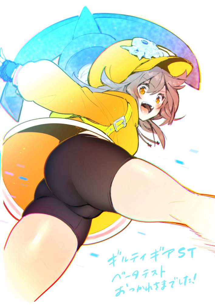 1girl, :d, anchor, ass, backpack, bag, bangs, bike_shorts, black_gloves, brown_hair, cabbie_hat, chromatic_aberration, drawstring, eyebrows_visible_through_hair, fingerless_gloves, gloves, guilty_gear, guilty_gear_strive, hair_between_eyes, hat, hood, hoodie, long_hair, long_sleeves, may_(guilty_gear), open_mouth, orange_eyes, orange_headwear, orange_hoodie, simple_background, skull_and_crossbones, smile, solo, teeth, thighs, tomoyuki_hino, white_background