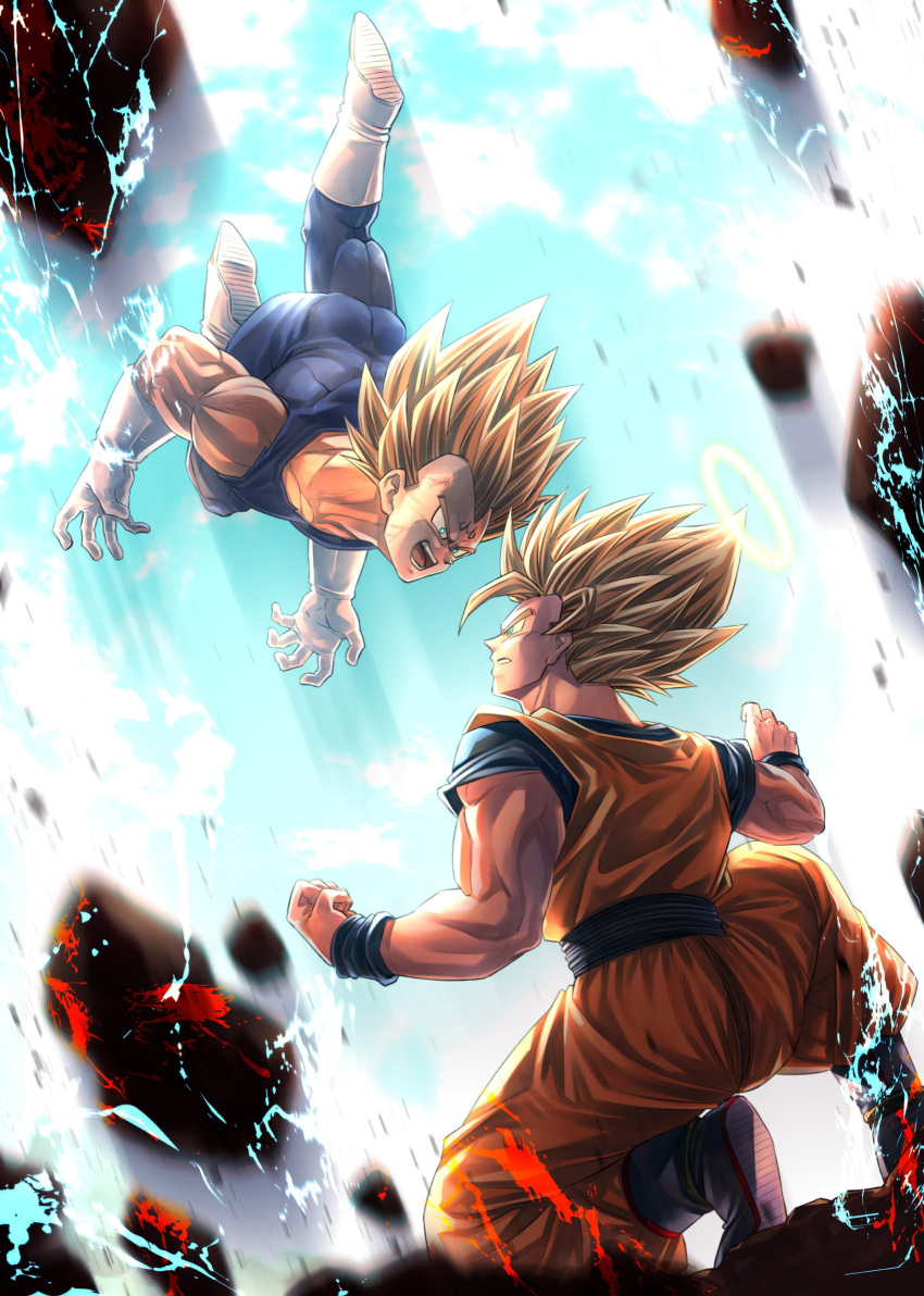 2boys, blonde_hair, bodysuit, boots, clenched_hand, commentary_request, dragon_ball, dragon_ball_z