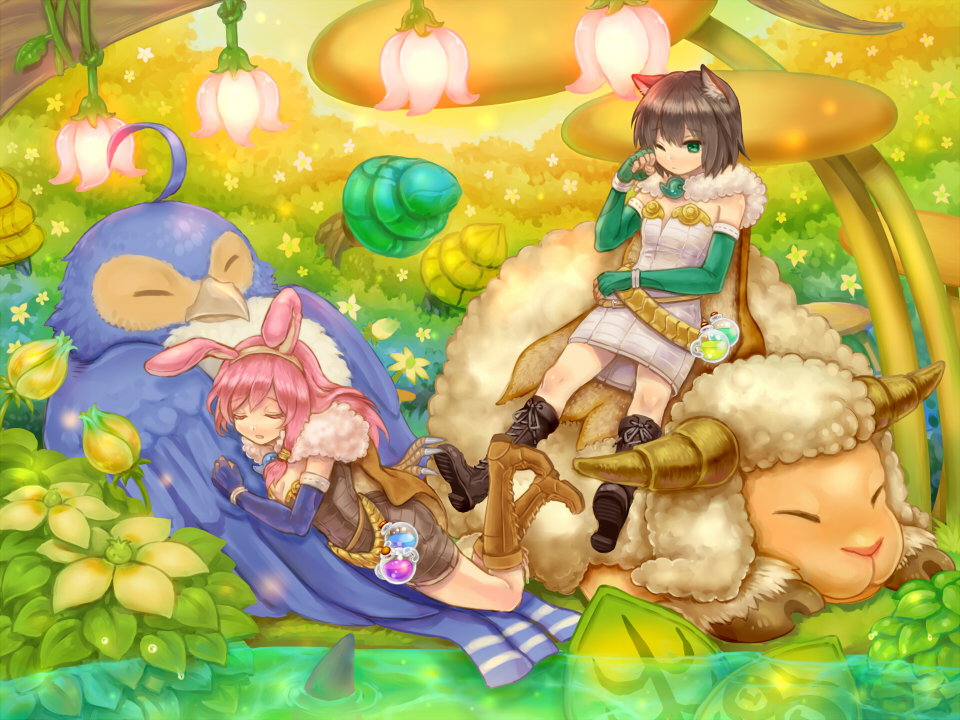 2girls, alchemist_(ragnarok_online), amistr_(ragnarok_online), animal, animal_ear_fluff, animal_ears, bangs, bird