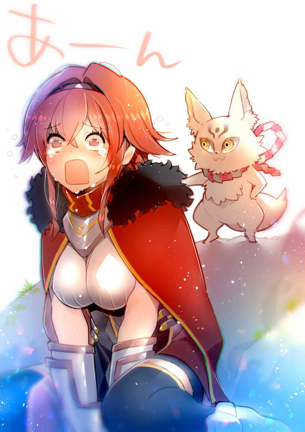 1girl, armor, black_hairband, black_legwear, cape, crying, eyebrows_visible_through_hair, fur_trim