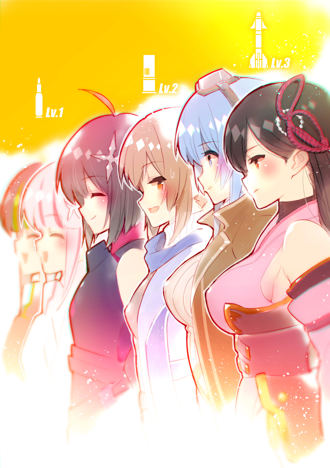 6+girls, :d, ^_^, ahoge, armor, black_hair, blue_hair, blush