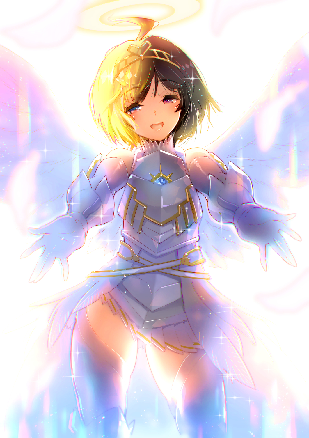 1girl, ahoge, angel_wings, armor, black_hair, blonde_hair, blue_eyes, eyebrows_visible_through_hair
