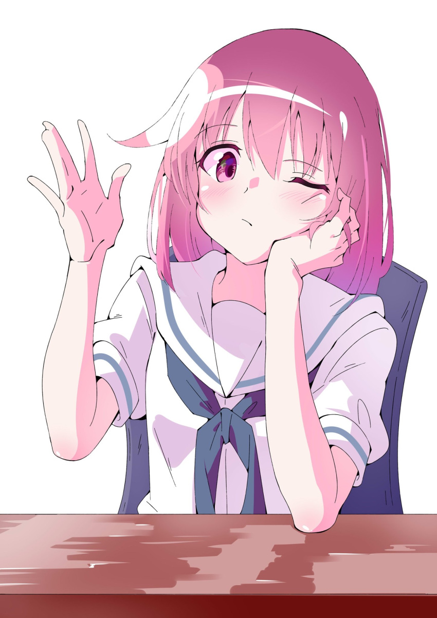 1girl, anzu_nanaki, bangs, blue_neckwear, chair, chin_rest, commentary, dress