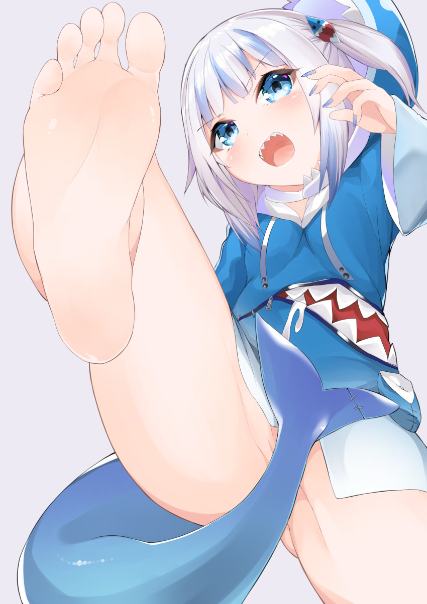 1girl, absurdres, bare_legs, barefoot, blue_eyes, blue_hair, blue_nails, convenient_censoring