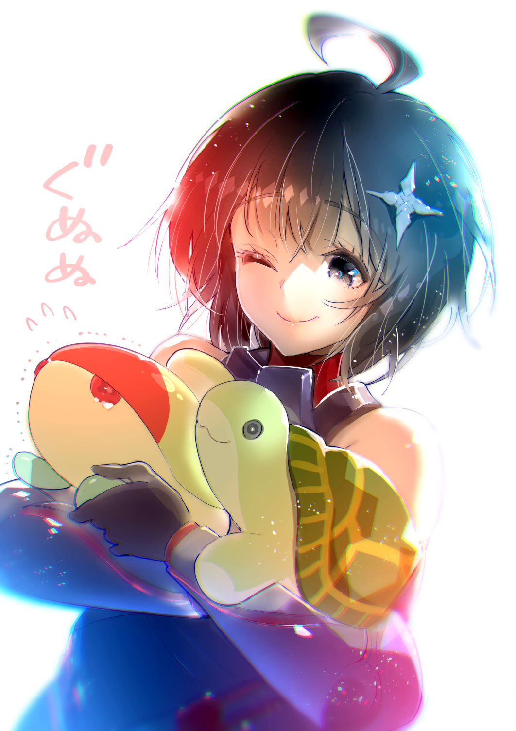 1girl, ;), ahoge, animal, black_eyes, black_gloves, closed_mouth, eyebrows_visible_through_hair