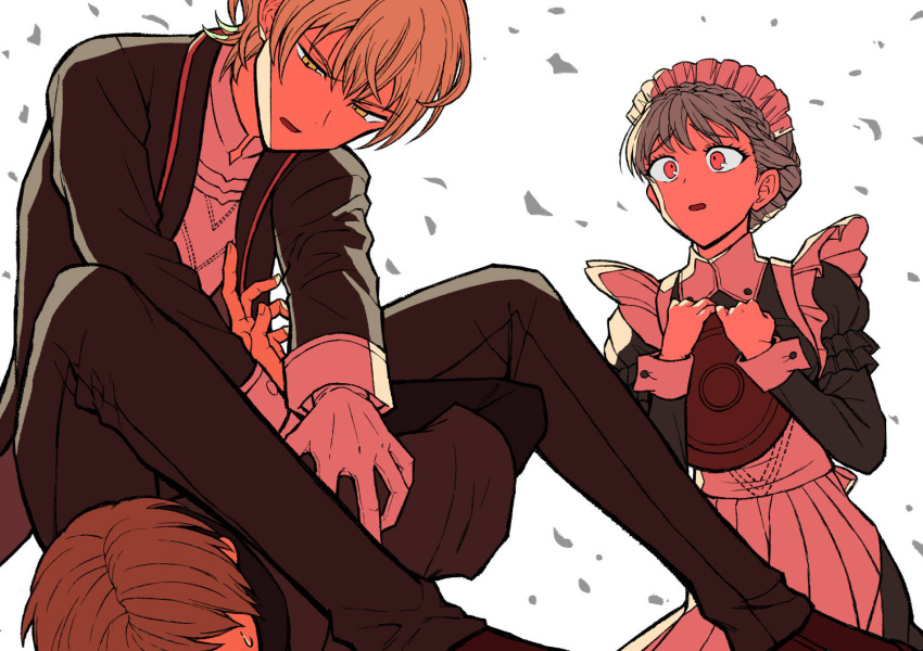 1girl, 2boys, alternate_costume, apron, attack, black_jacket, blue_hair, braid, butler, buttons, byleth_(fire_emblem), byleth_eisner_(male), commentary_request, crown_braid, eyebrows_visible_through_hair, fire_emblem, fire_emblem:_three_houses, gloves, green_eyes, green_hair, hair_between_eyes, holding, holding_tray, jacket, kusodekablack, long_sleeves, maid, maid_apron, maid_dress, maid_headdress, marianne_von_edmund, multiple_boys, object_hug, open_clothes, open_mouth, pants, pink_eyes, shirt, short_hair, sweatdrop, tray, white_background, white_gloves, white_shirt