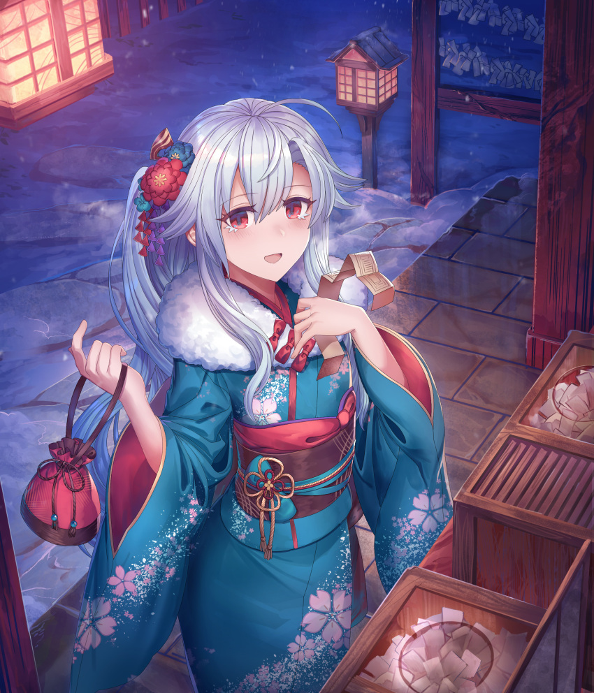 1girl, :d, absurdres, ahoge, blue_kimono, blush, brown_sash, floral_print