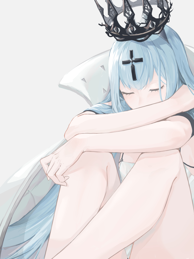 1girl, absurdly_long_hair, arms_on_knees, azur_lane, blue_hair, champagne_(azur_lane), closed_eyes, commentary_request