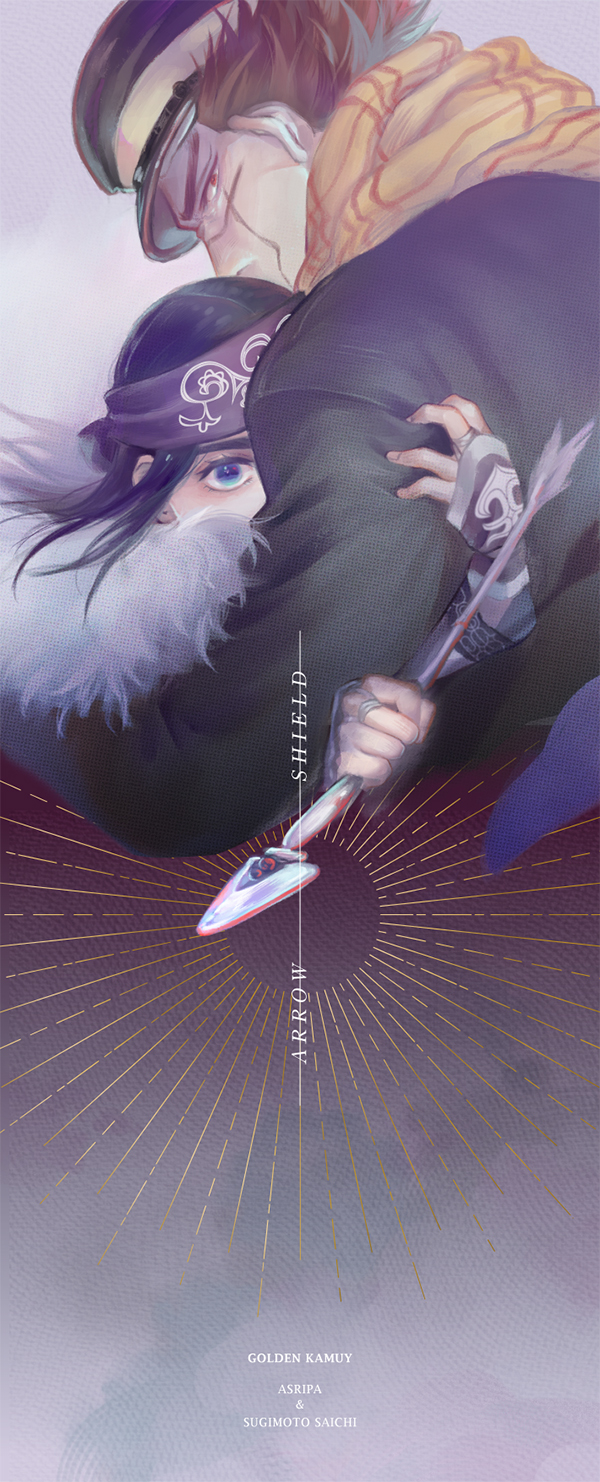 1boy, 1girl, ainu, ainu_clothes, arrow_(projectile), asirpa, bandana, black_hair