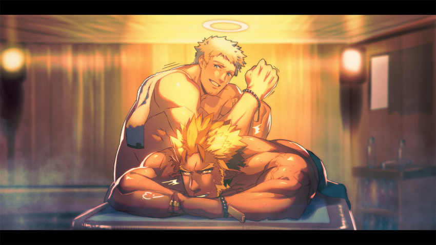 /\/\/\, 2boys, bara, blonde_hair, blue_eyes, bracelet, brown_hair, commentary