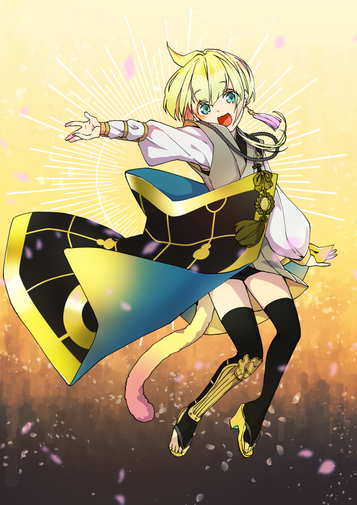 1boy, :3, aqua_eyes, beads, black_legwear, blonde_hair, earrings, fake_tail