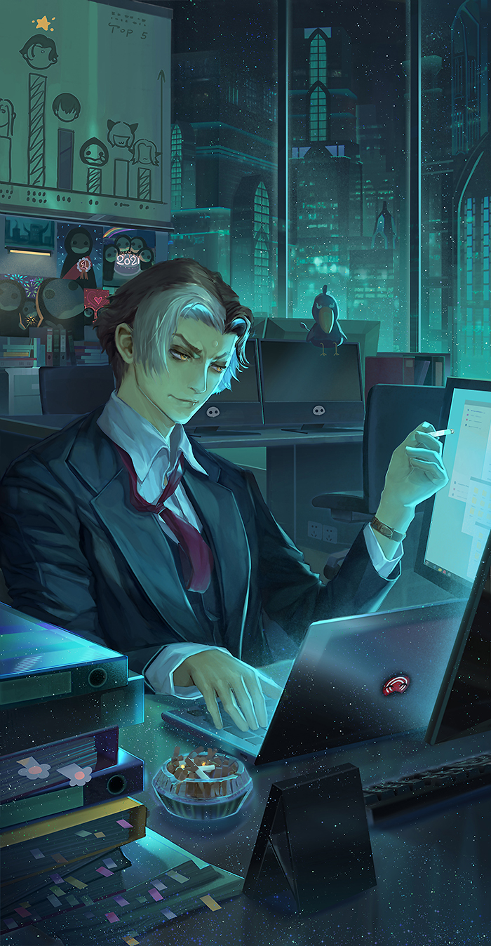 1boy, ashtray, black_hair, business_suit, cigarette, city, computer, emet-selch