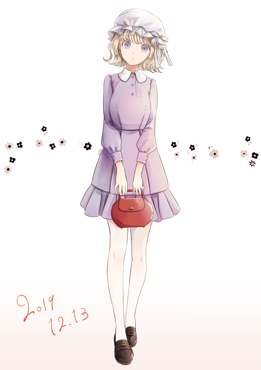 blonde_hair, dress, hat, highres, holding_purse, loafers, maribel_hearn, mob_cap