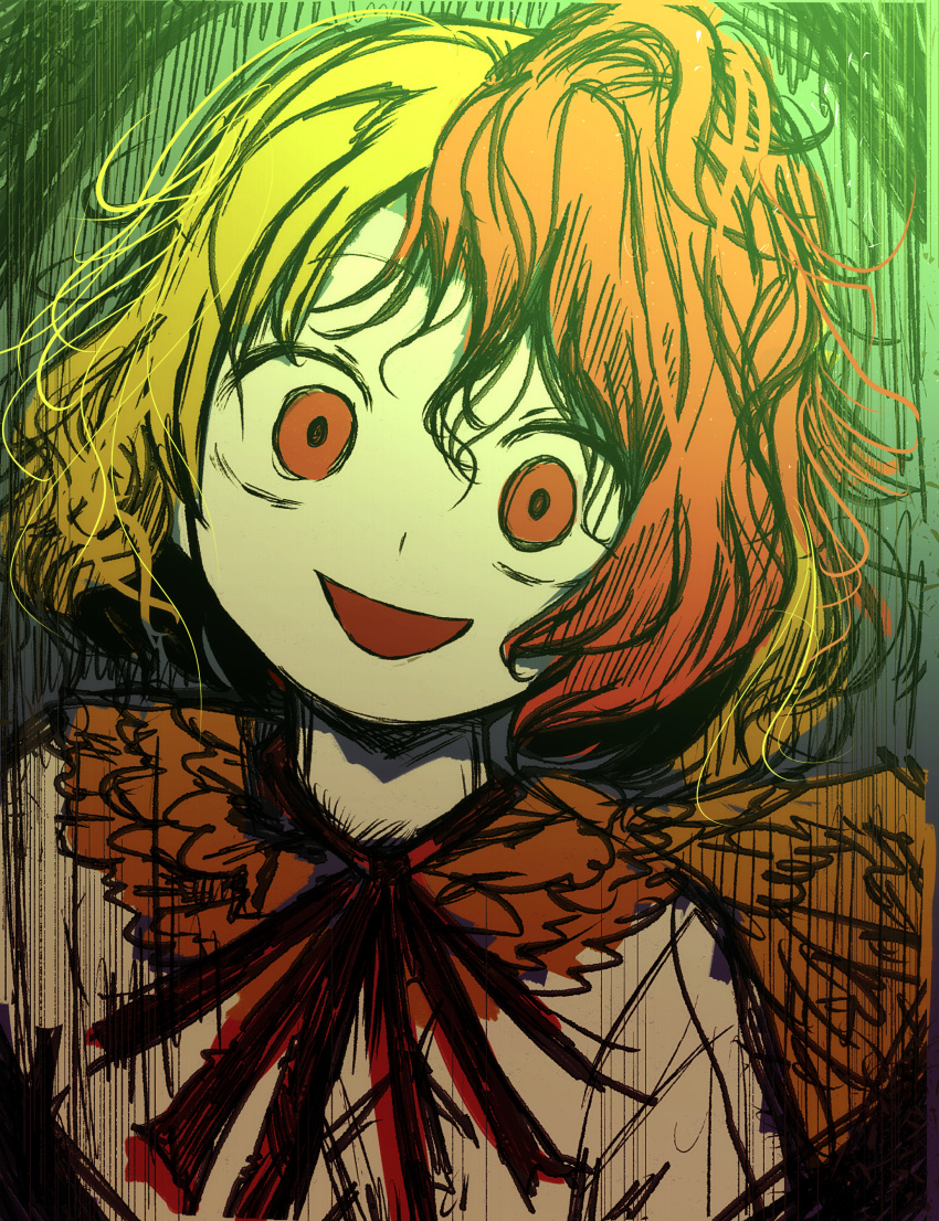 1girl, absurdres, andanon, bird, blonde_hair, chick, chicken, crazy_eyes