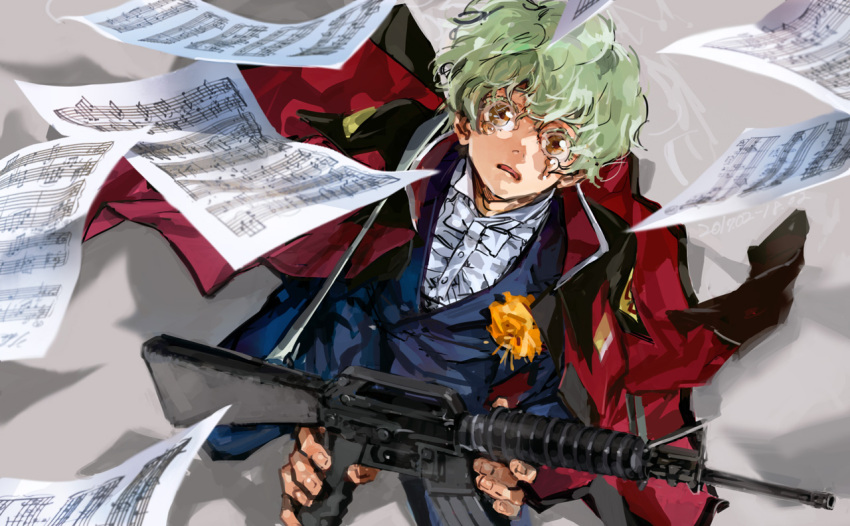 1boy, assault_rifle, bow, bowtie, brown_eyes, gun, gundam, gundam_seed