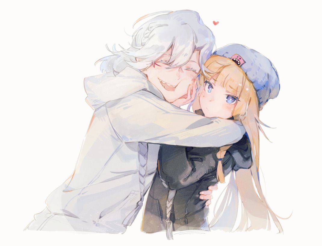 2girls, blonde_hair, blue_eyes, blush, closed_eyes, face-to-face, girls_frontline, grey_hair