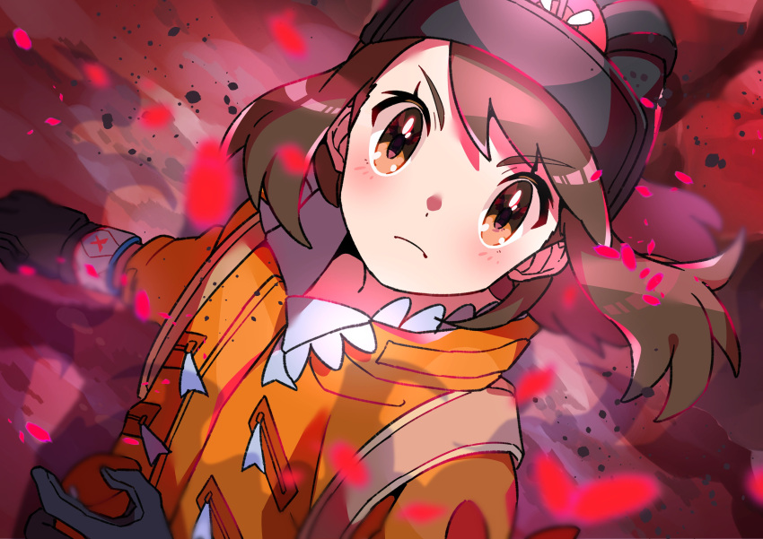 1girl, absurdres, black_gloves, black_headwear, blush, brown_eyes, brown_hair, closed_mouth