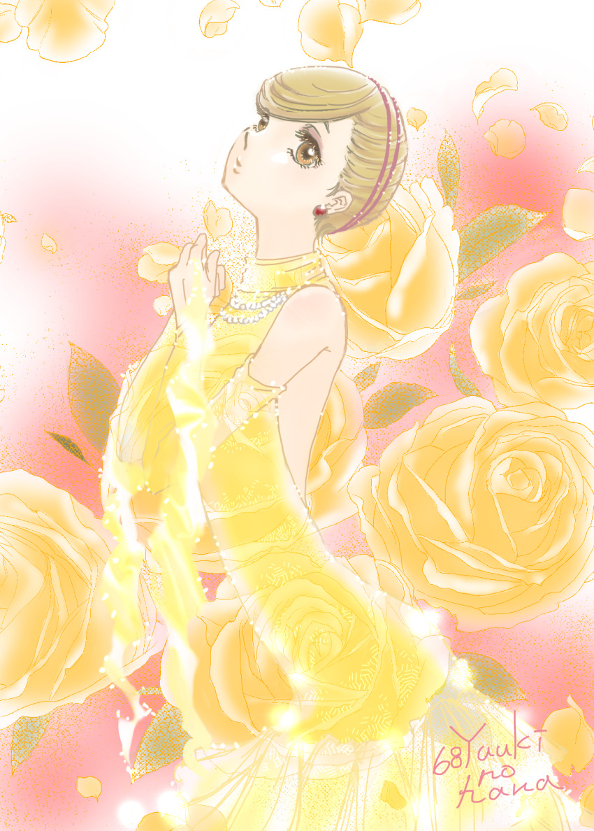 1girl, akagi_mako, ballroom_e_youkoso, blonde_hair, brown_eyes, dress, earrings, elbow_gloves, flower, gloves, halter_dress, headband, highres, jewelry, necklace, pearl_necklace, solo, user_rmza4478, yellow_dress