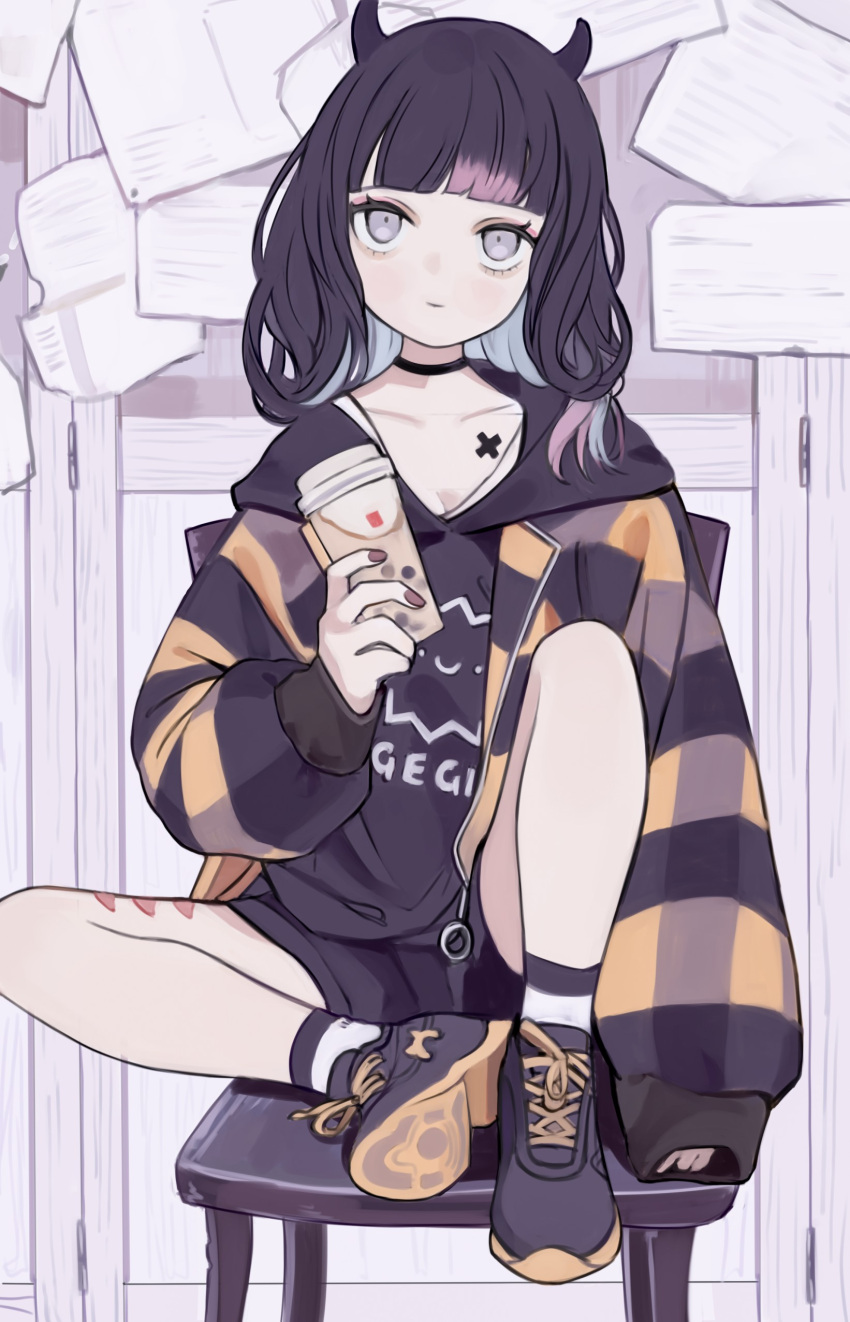 1girl, absurdres, bangs, black_choker, black_footwear, black_hair, black_shirt, black_shorts