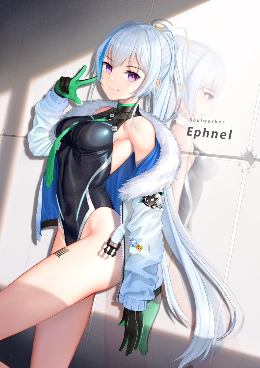 1girl, bangs, barcode_tattoo, black_gloves, black_leotard, blue_hair, breasts, character_name