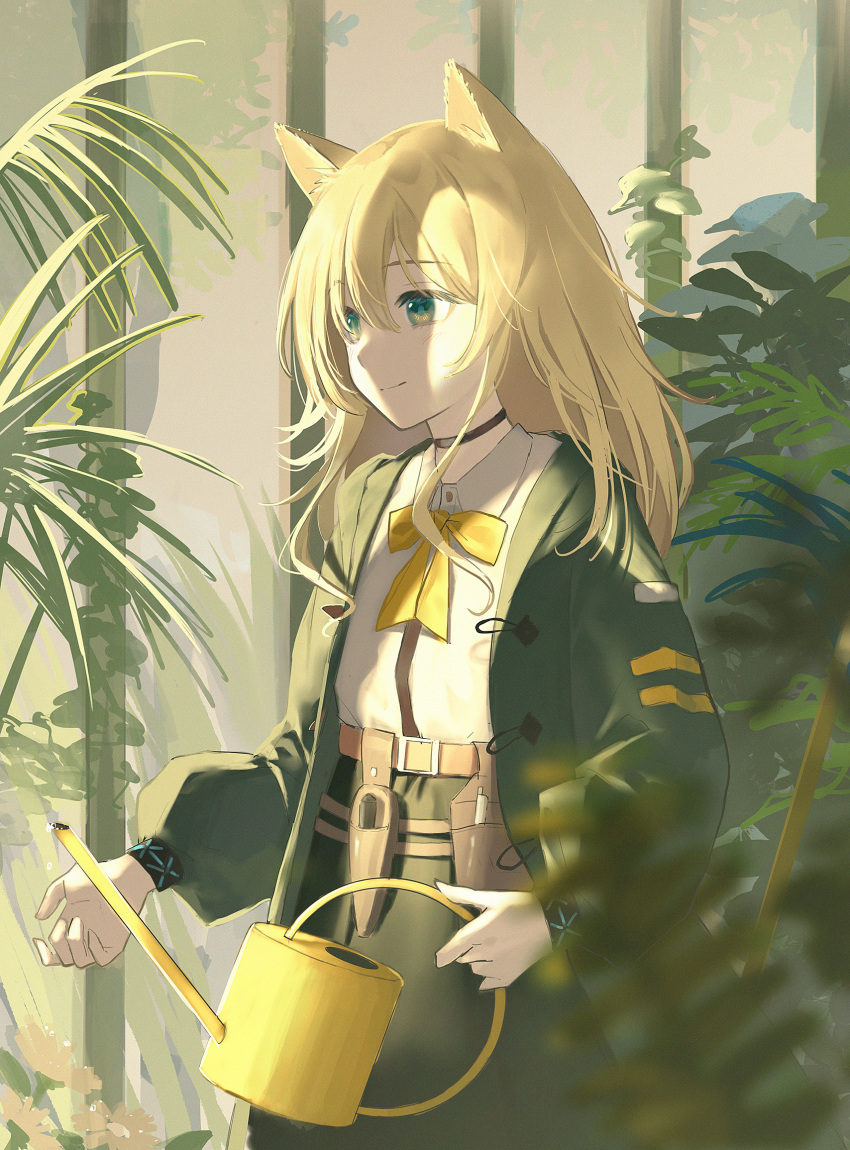 1girl, animal_ears, arknights, bangs, blonde_hair, blurry, blurry_foreground, bow