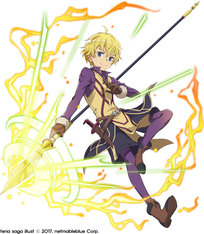 1boy, blonde_hair, blue_eyes, brown_footwear, brown_gloves, dagger, dated, dungeon_ni_deai_wo_motomeru_no_wa_machigatteiru_darou_ka, electricity, finn_deimne, gloves, holding, holding_spear, holding_weapon, long_sleeves, male_focus, official_art, polearm, purple_legwear, sheath, sheathed, simple_background, smile, solo, spear, sword_oratoria, teria_saga, weapon, white_background, windy4th