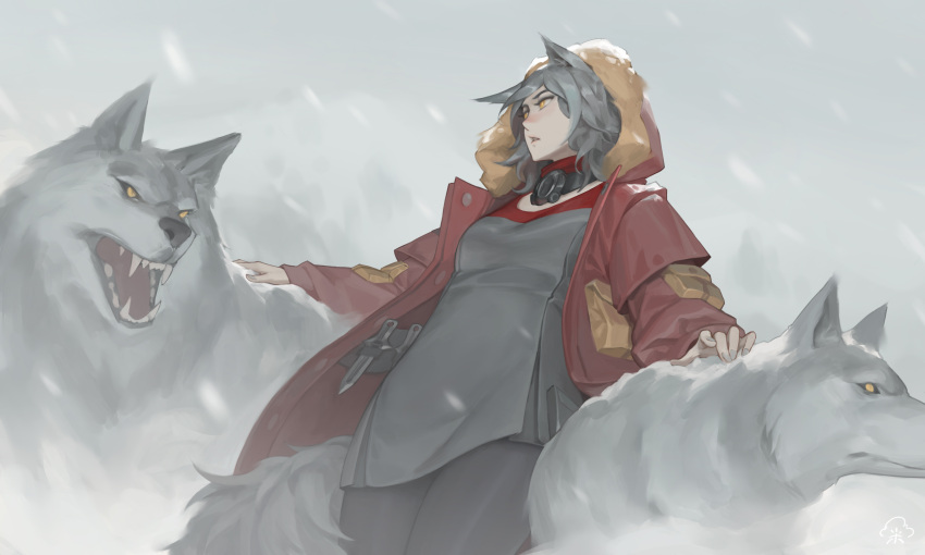 1girl, absurdres, animal, animal_ears, arknights, blizzard, breasts, chen_zhang