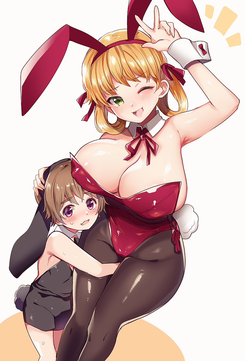 1boy, 1girl, age_difference, animal_ears, bangs, black_legwear, black_leotard, blonde_hair, blush, breasts, brown_hair, bunny_tail, covered_nipples, detached_collar, fake_animal_ears, green_eyes, height_difference, highres, huge_breasts, leg_cling, leotard, male_playboy_bunny, meisuke_mei, one_eye_closed, original, otoko_no_ko, pantyhose, playboy_bunny, rabbit_ears, red_leotard, red_neckwear, ribbon, tail, thick_thighs, thighs, violet_eyes, white_background, wrist_cuffs
