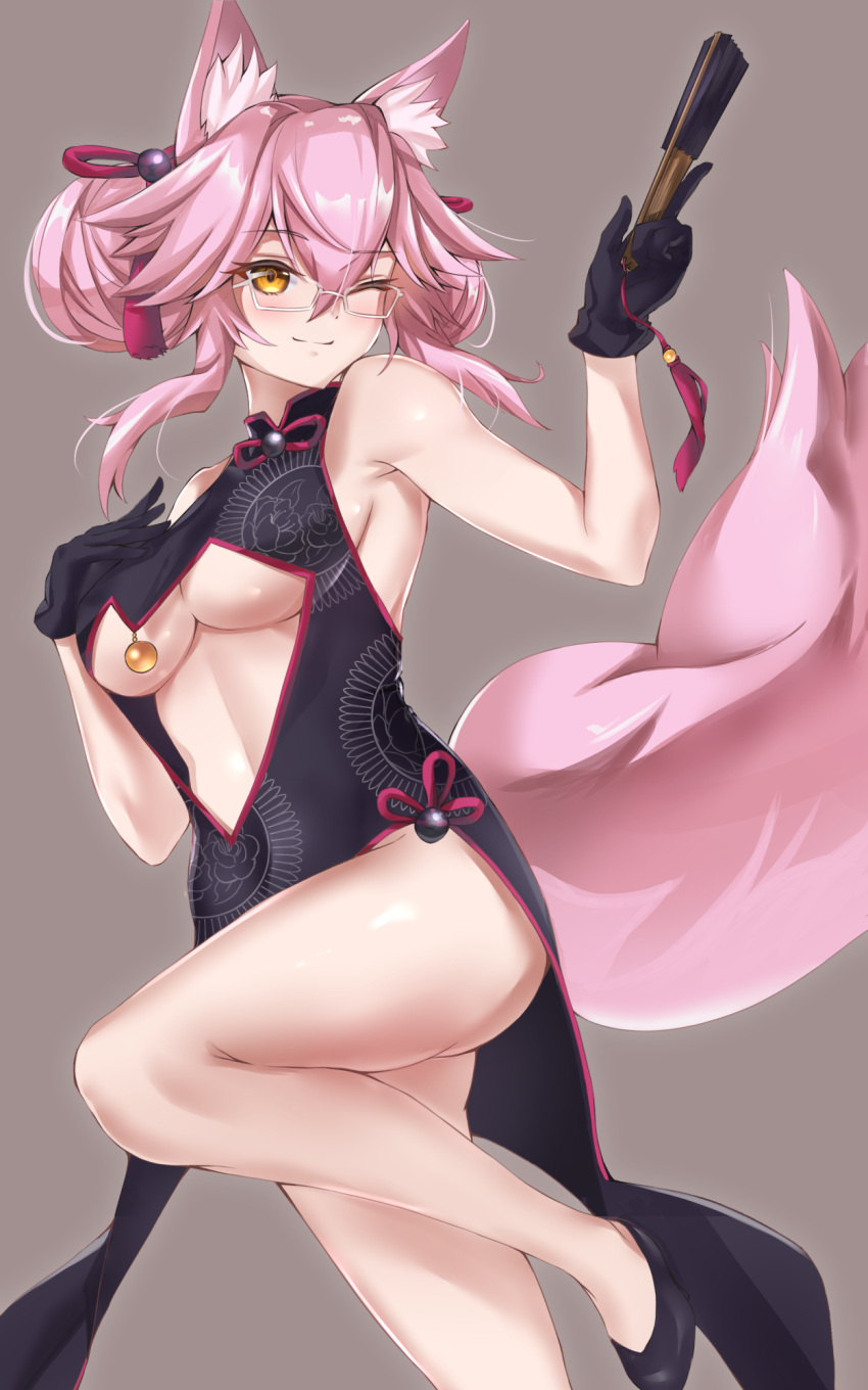 1girl, animal_ear_fluff, animal_ears, bangs, blush, breasts, center_opening, china_dress, chinese_clothes, dress, fate/grand_order, fate_(series), fox_ears, fox_girl, fox_tail, glasses, gloves, highres, koyanskaya, large_breasts, long_hair, looking_at_viewer, pink_hair, smile, tail, white-framed_eyewear, yahan_(mctr5253), yellow_eyes