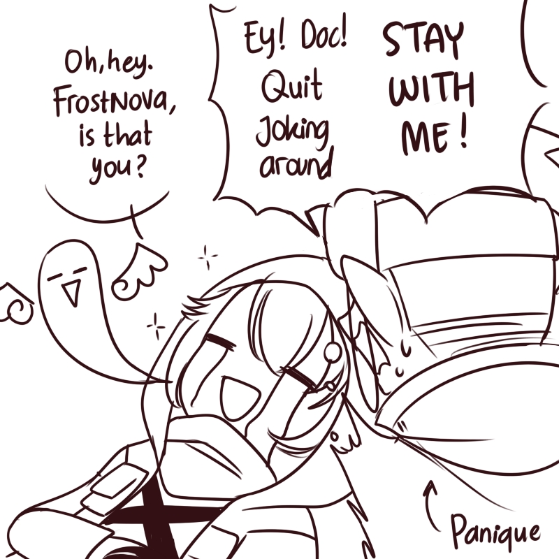 1boy, 1other, archimbek, arknights, doctor_(arknights), english_text, ethan_(arknights), goggles
