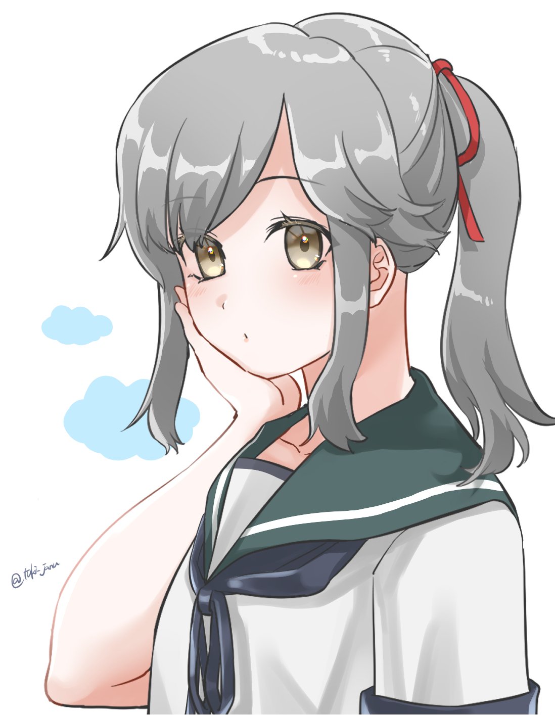 1girl, blue_sailor_collar, brown_eyes, grey_hair, hand_on_own_face, highres, kantai_collection, long_hair