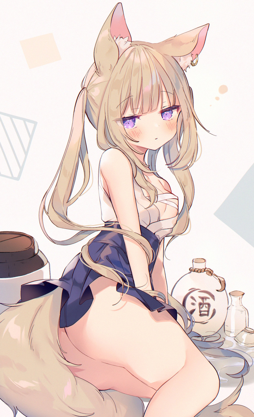 1girl, absurdres, alcohol, ana_(rznuscrf), animal_ear_fluff, animal_ears, ass, bandages