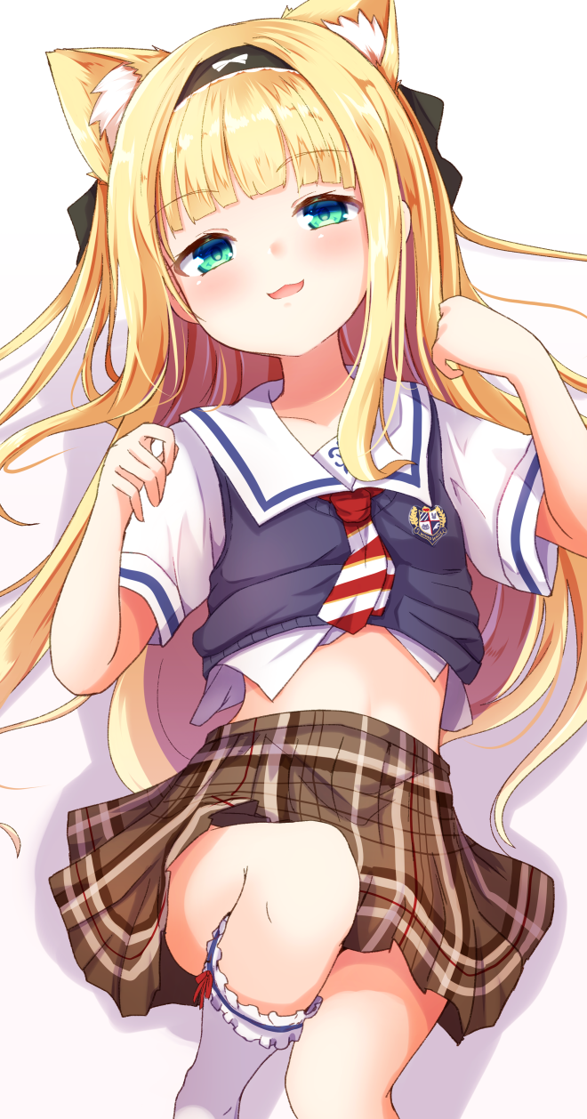 1girl, animal_ear_fluff, animal_ears, bangs, baram, black_hairband, blonde_hair, brown_skirt