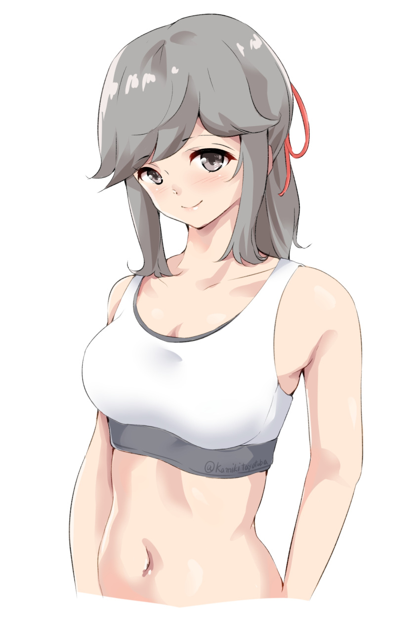 1girl, alternate_breast_size, breasts, brown_eyes, commentary_request, grey_hair, hair_ribbon, highres, kamikitayotsuba, kantai_collection, long_hair, looking_at_viewer, medium_breasts, midriff, navel, red_ribbon, ribbon, sidelocks, simple_background, solo, sports_bra, usugumo_(kantai_collection), white_background, white_sports_bra
