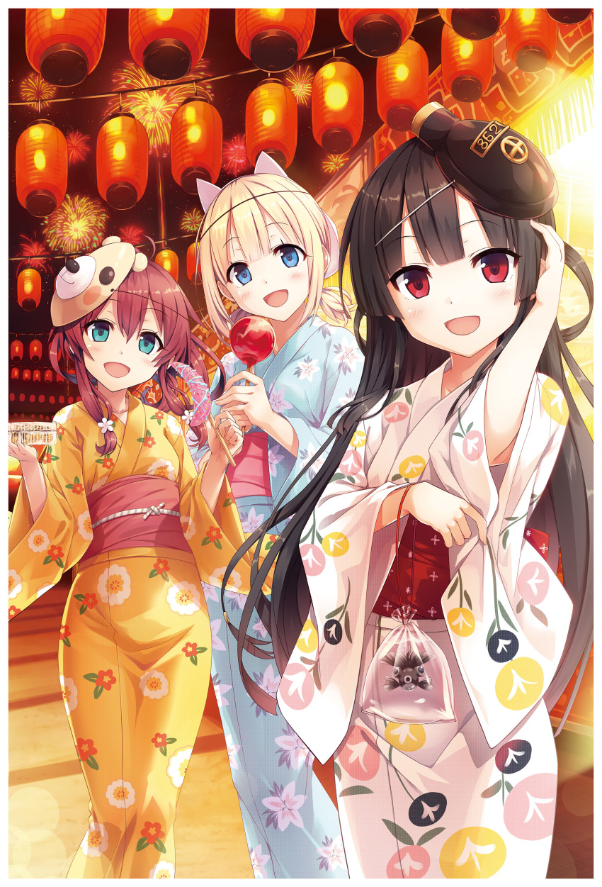 absurdres, aerial_fireworks, animal_ears, aqua_eyes, bag, bagged_fish, bear_mask, black_hair