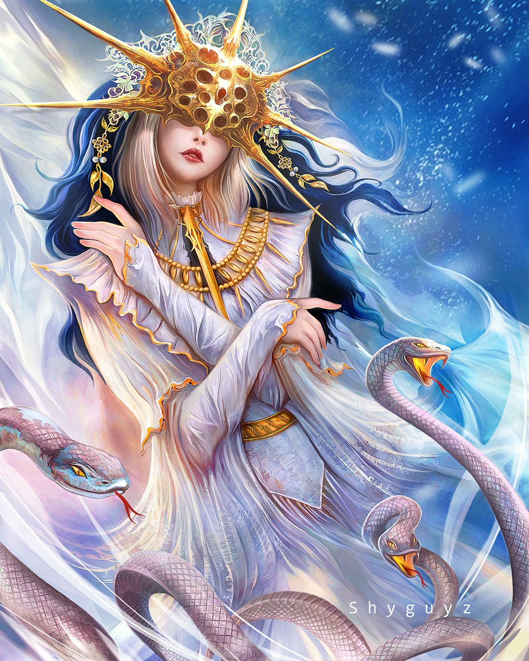 1boy, covered_eyes, dark_souls, dark_sun_gwyndolin, highres, lips, mask, otoko_no_ko, parted_lips, red_lips, shyguyz, snake, solo, souls_(from_software), sun_(symbol), veil, white_hair, white_robe