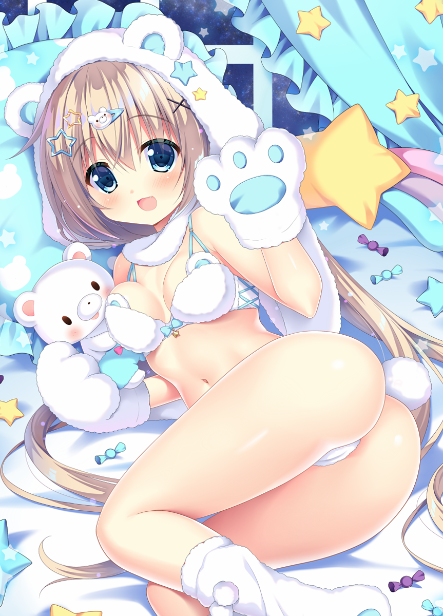 1girl, blonde_hair, blue_bra, blue_eyes, blue_panties, bra, breasts, candy