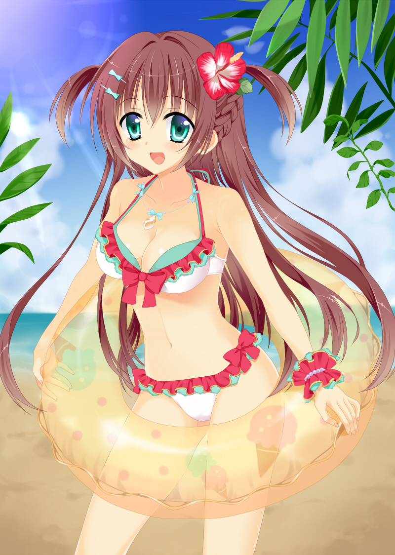 1girl, beach, bikini, breasts, brown_hair, flower, green_bikini, green_eyes