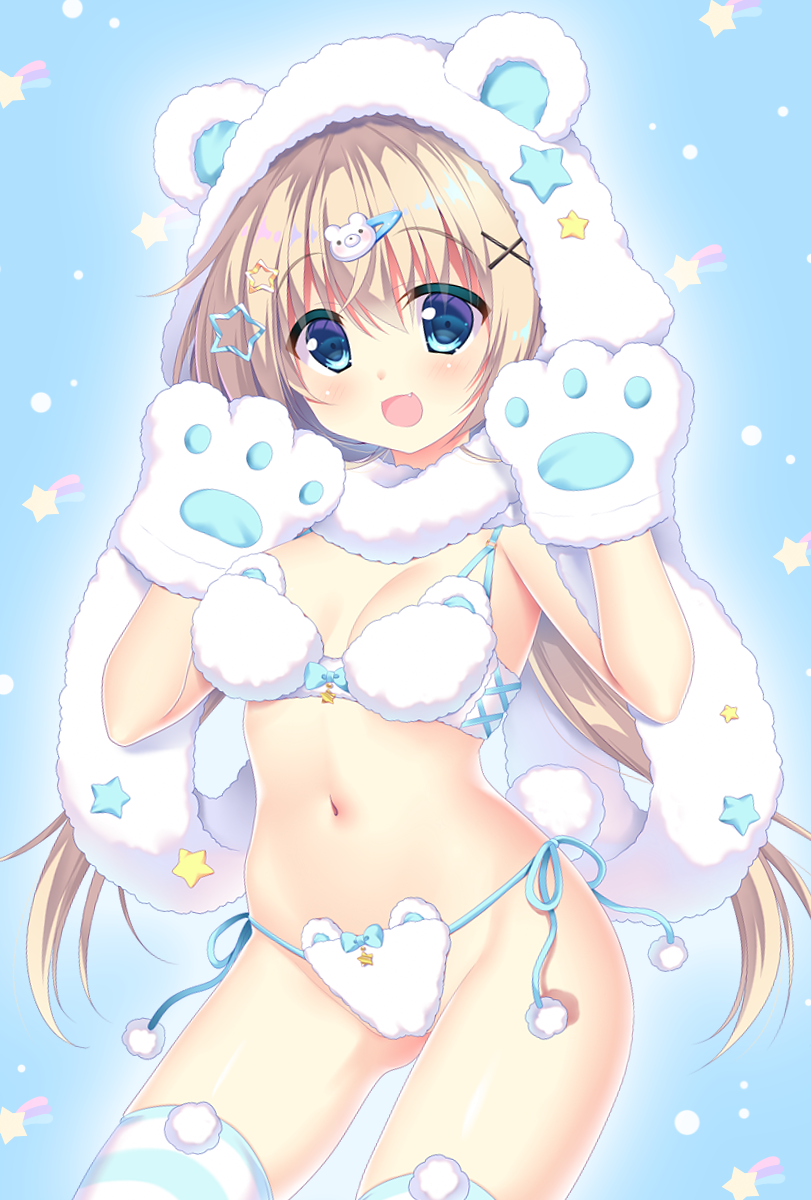 1girl, blonde_hair, blue_background, blue_bra, blue_eyes, blue_panties, bra, breasts