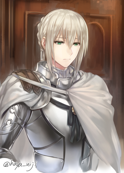 1boy, armor, bedivere, blonde_hair, braid, breastplate, cape, door