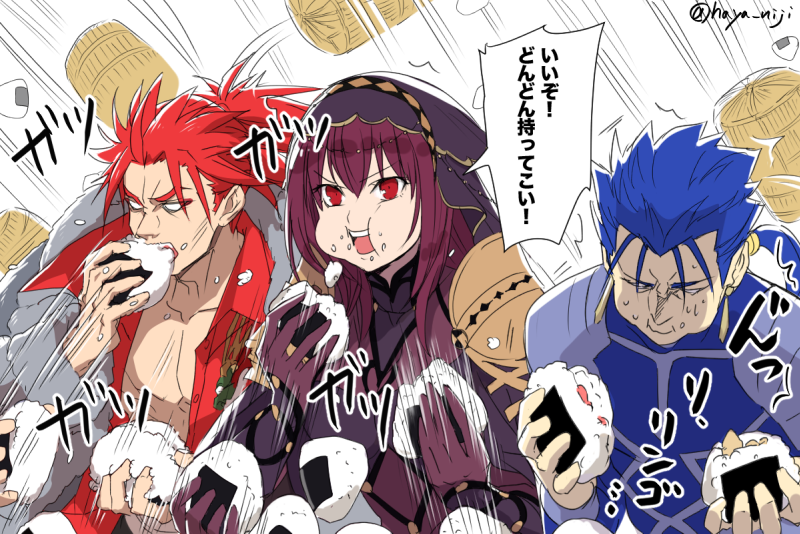 1girl, 2boys, abs, alternate_costume, armor, bare_chest, blue_hair, bodysuit